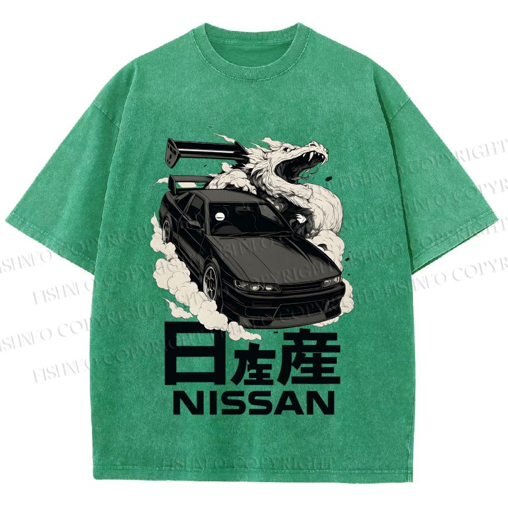 Unisex Nissan And Dragon Printed Washed Tee