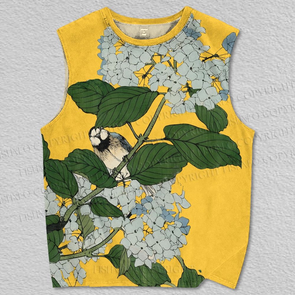 Unisex Vintage Bird in Hydrangea Flower Printed Tank Top