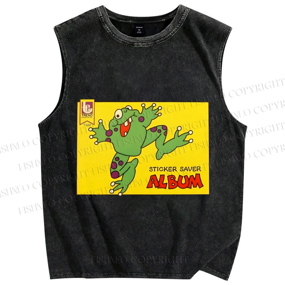 Unisex Sticker Saver Frog Printed Washed Tank Top