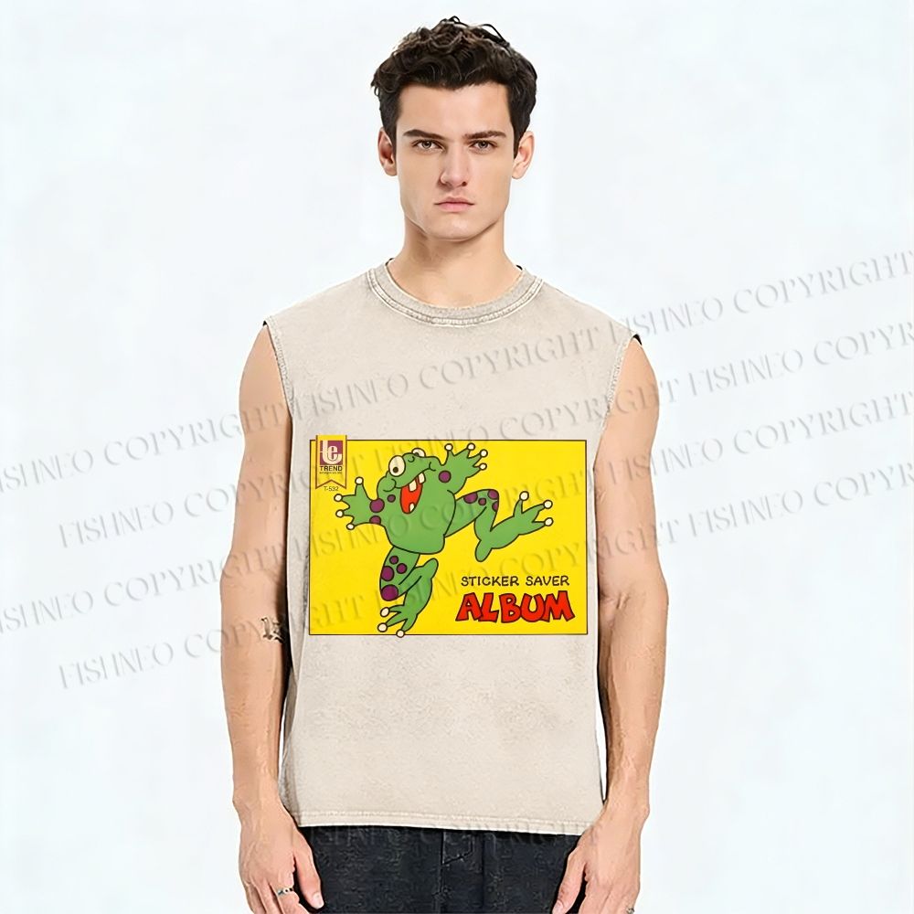 Unisex Sticker Saver Frog Printed Washed Tank Top