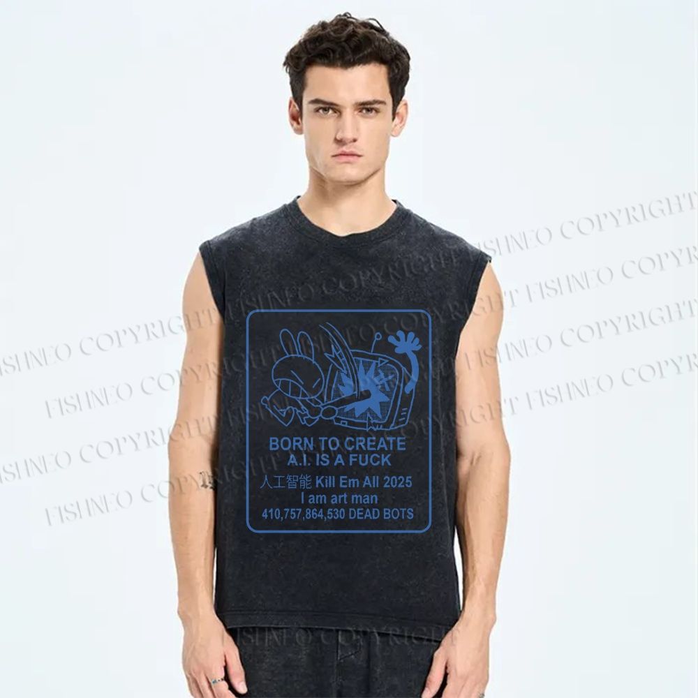 Unisex Born to Create Rabbit Printed Washed Tank Top
