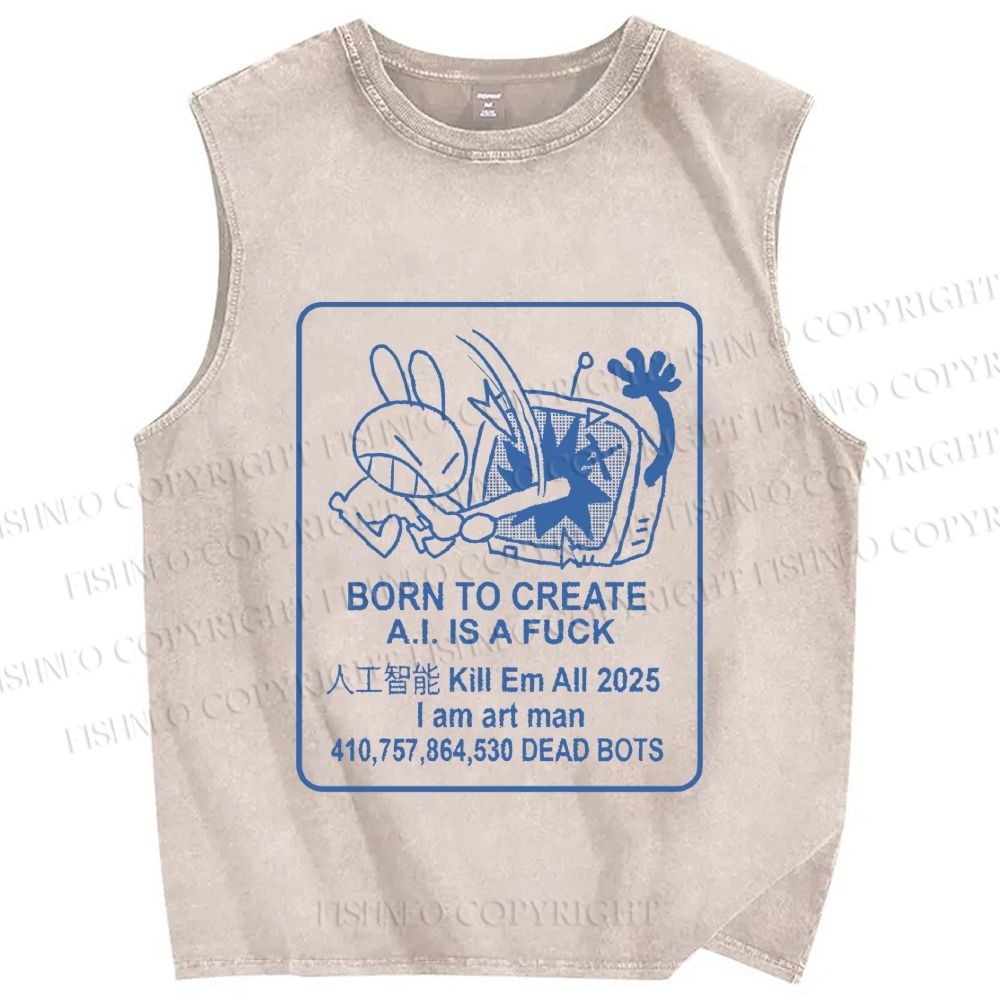 Unisex Born to Create Rabbit Printed Washed Tank Top