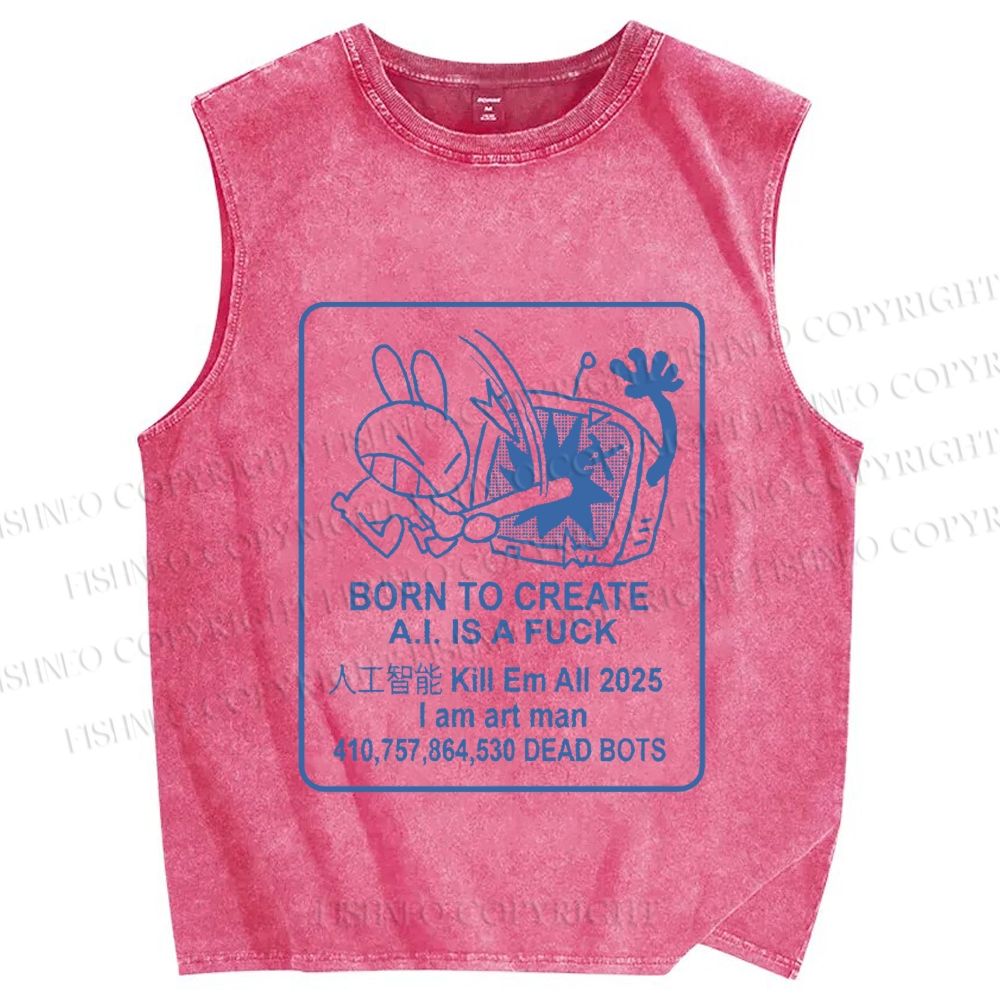 Unisex Born to Create Rabbit Printed Washed Tank Top