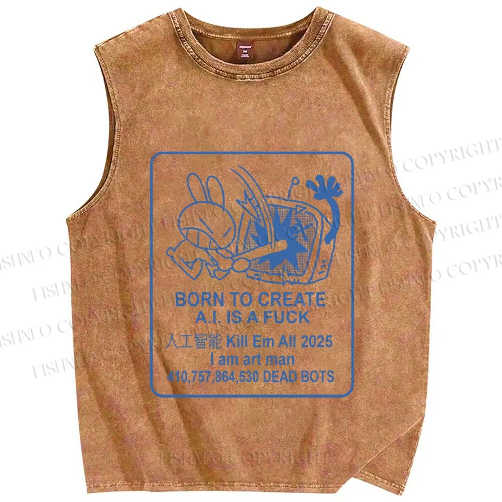 Unisex Born to Create Rabbit Printed Washed Tank Top