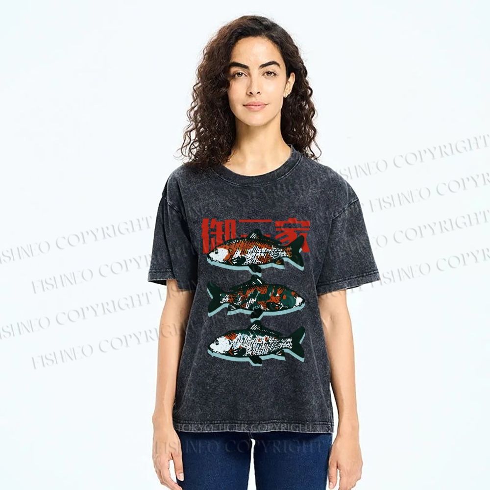 Unisex Japanese Koi Fish Printed Washed Tee
