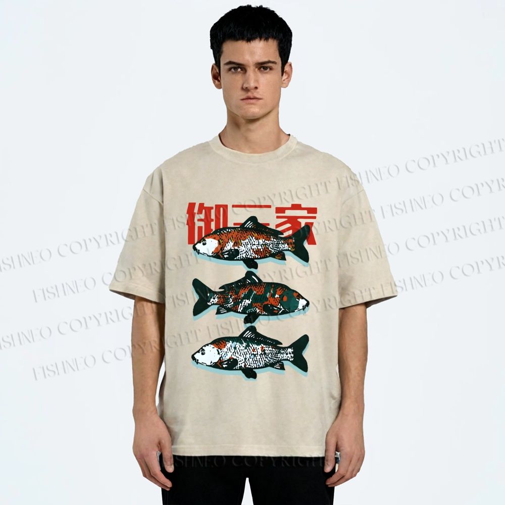 Unisex Japanese Koi Fish Printed Washed Tee