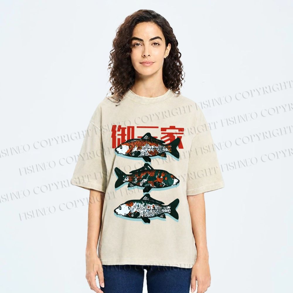 Unisex Japanese Koi Fish Printed Washed Tee