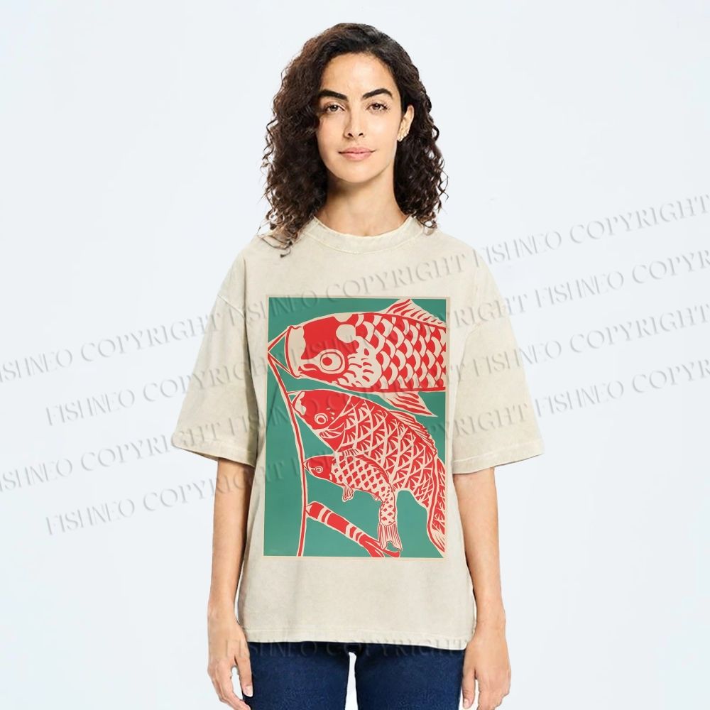 Unisex Koinobori Japanese Printed Washed Tee