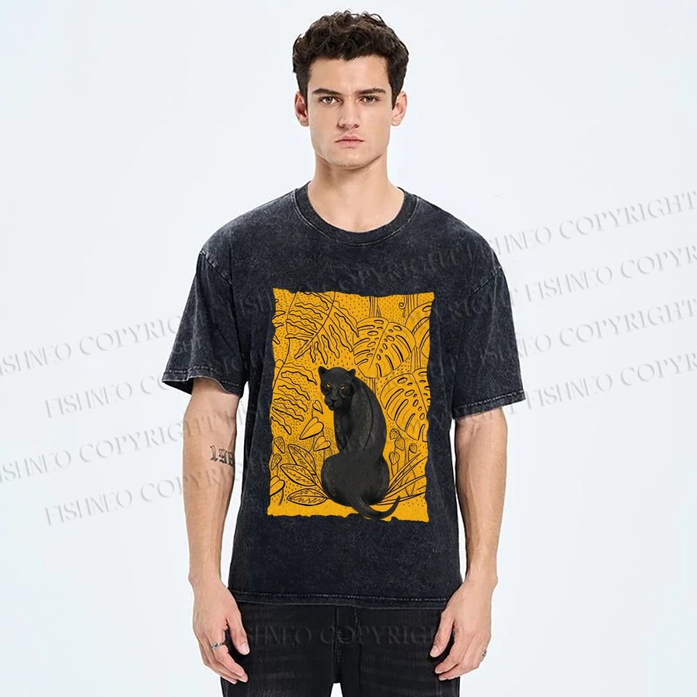 Unisex Panther in Yellow Jungle Printed Washed Tee