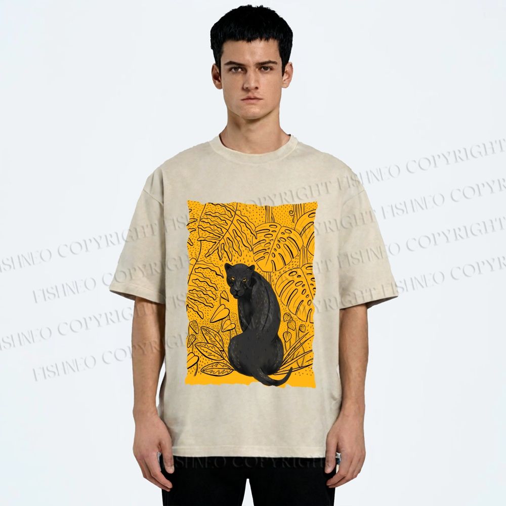 Unisex Panther in Yellow Jungle Printed Washed Tee