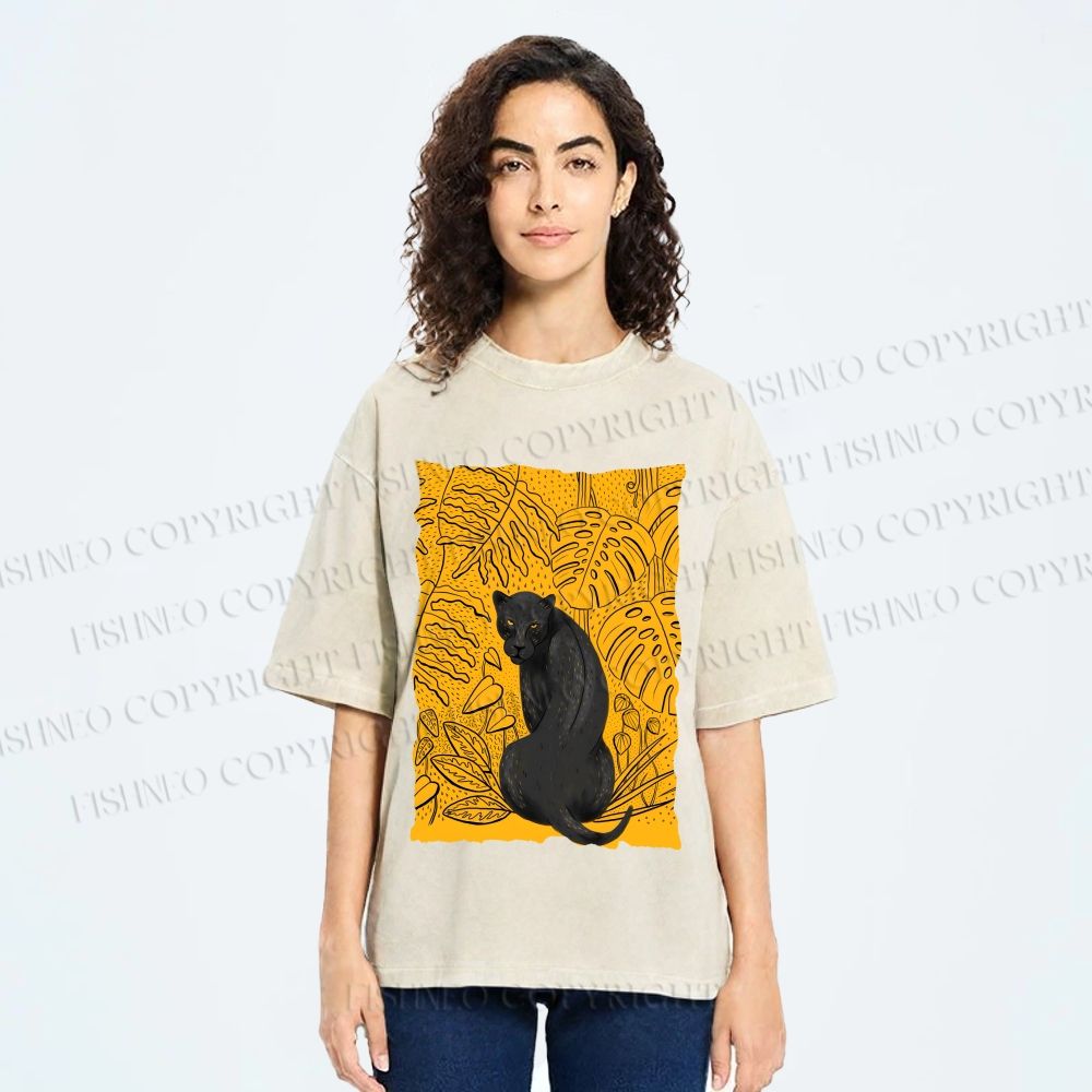 Unisex Panther in Yellow Jungle Printed Washed Tee