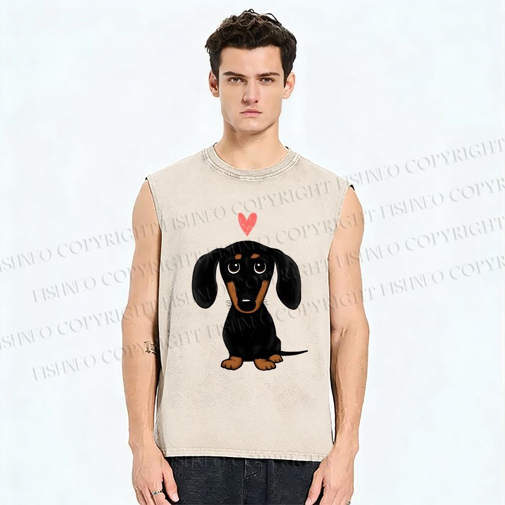 Unisex Cute Dachshund Printed Washed Tank Top