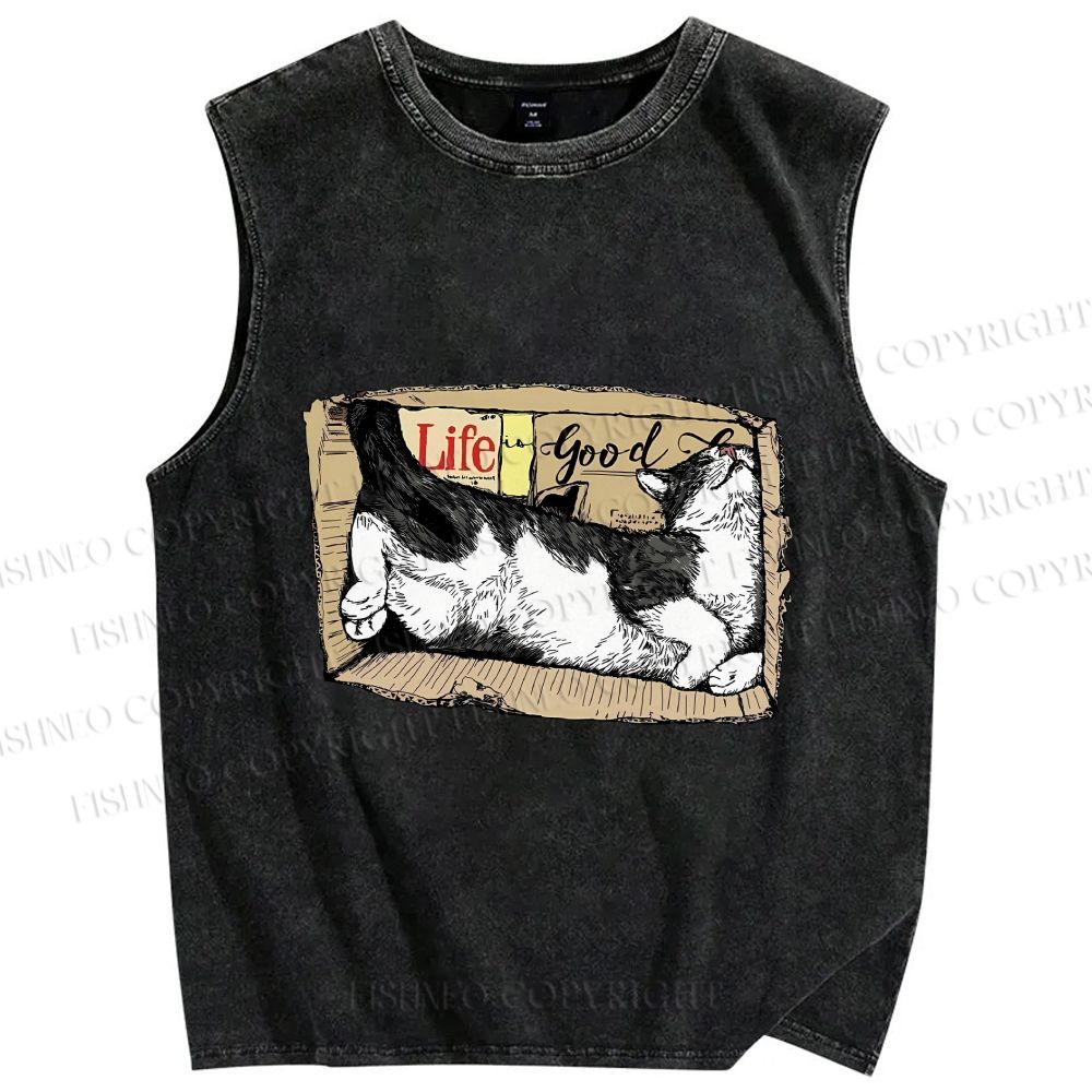Unisex Cat In Box Printed Washed Tank Top
