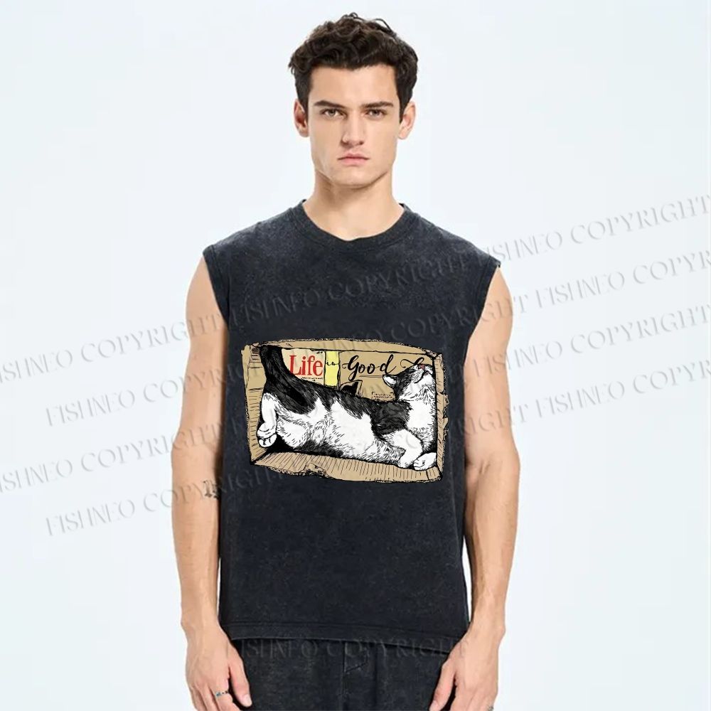 Unisex Cat In Box Printed Washed Tank Top