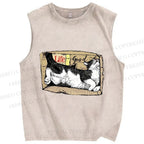 Unisex Cat In Box Printed Washed Tank Top