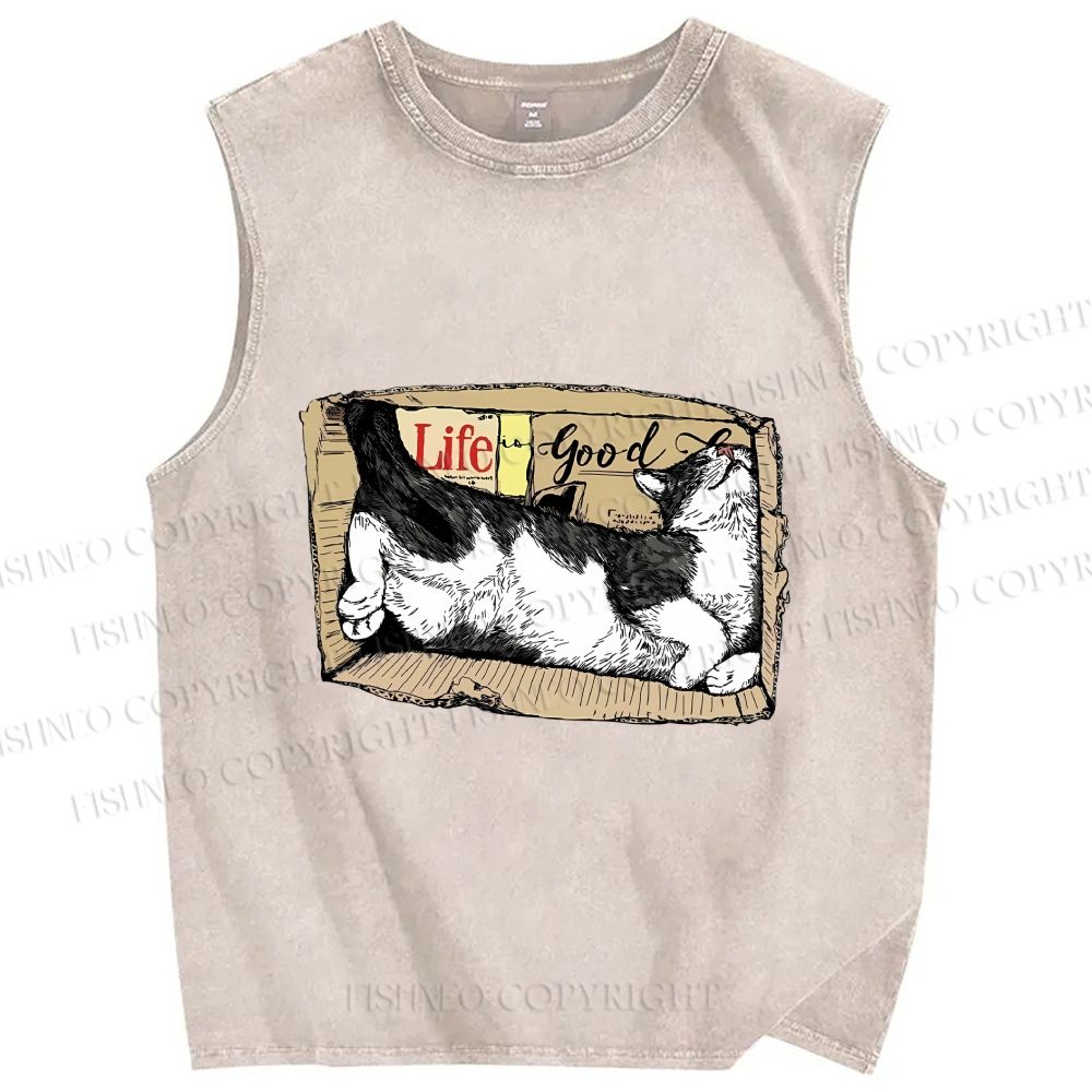 Unisex Cat In Box Printed Washed Tank Top