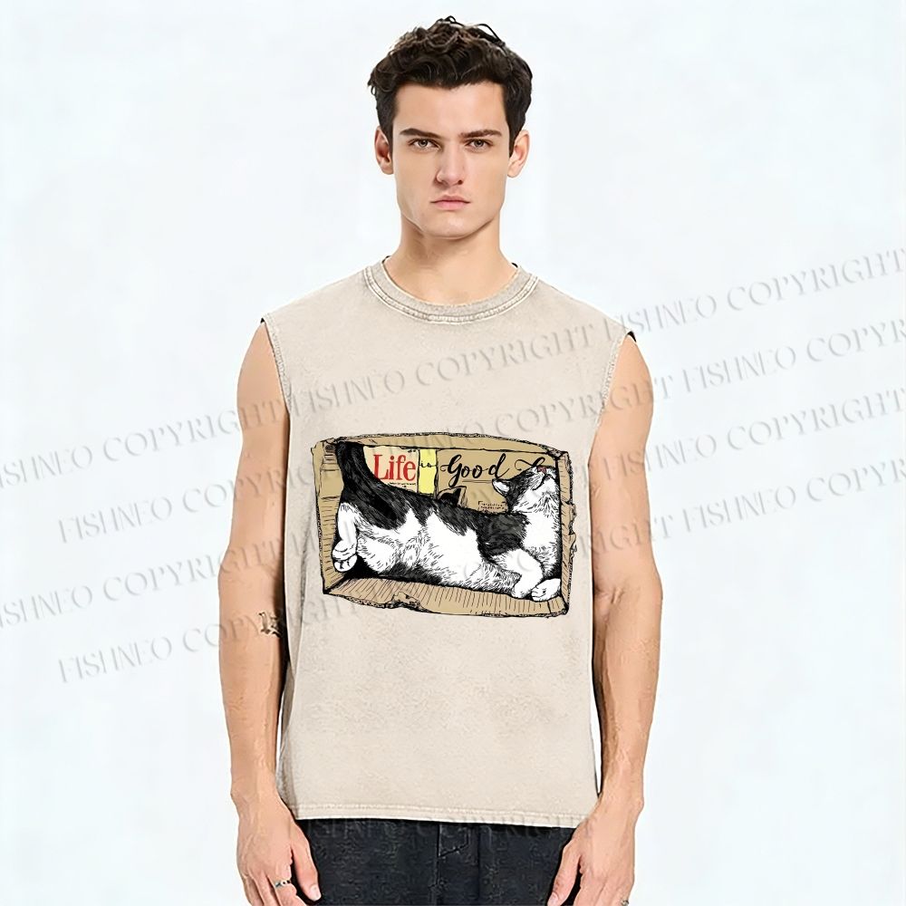 Unisex Cat In Box Printed Washed Tank Top