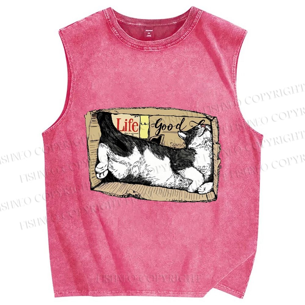 Unisex Cat In Box Printed Washed Tank Top