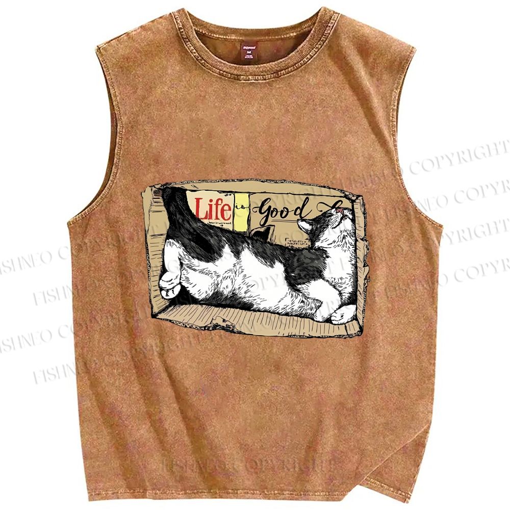 Unisex Cat In Box Printed Washed Tank Top