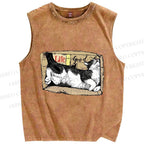 Unisex Cat In Box Printed Washed Tank Top