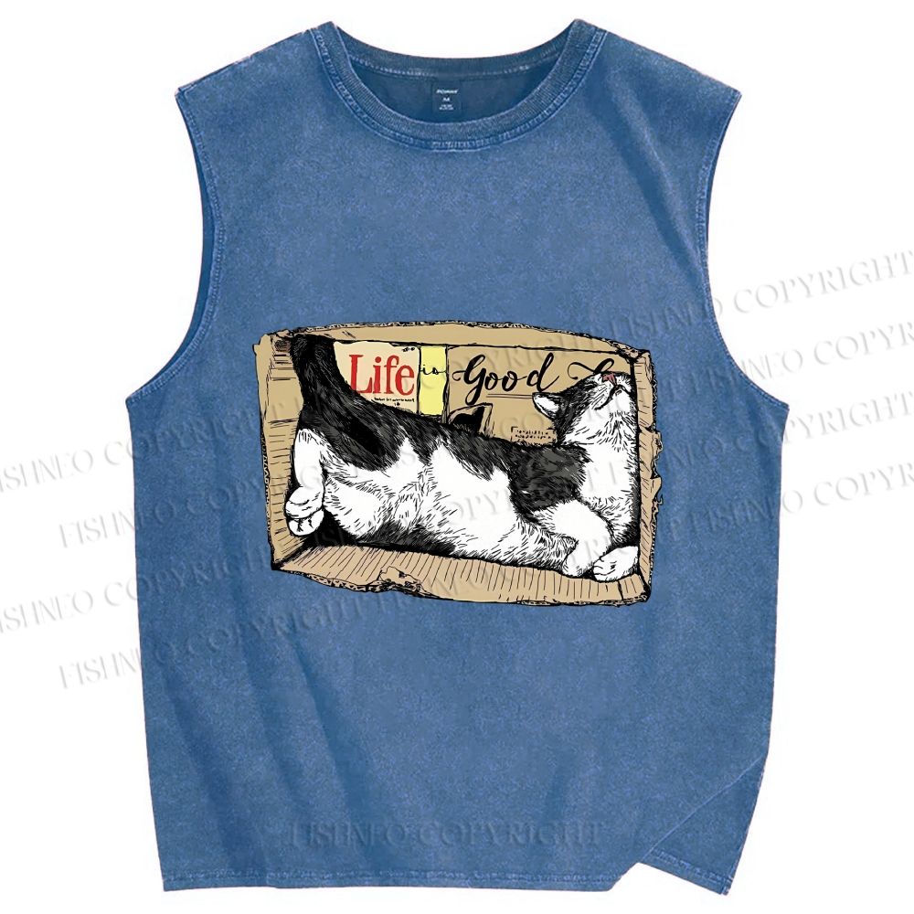 Unisex Cat In Box Printed Washed Tank Top