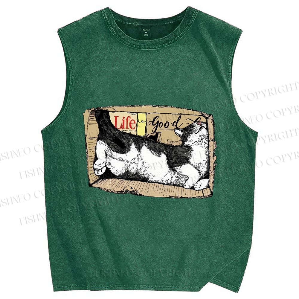 Unisex Cat In Box Printed Washed Tank Top