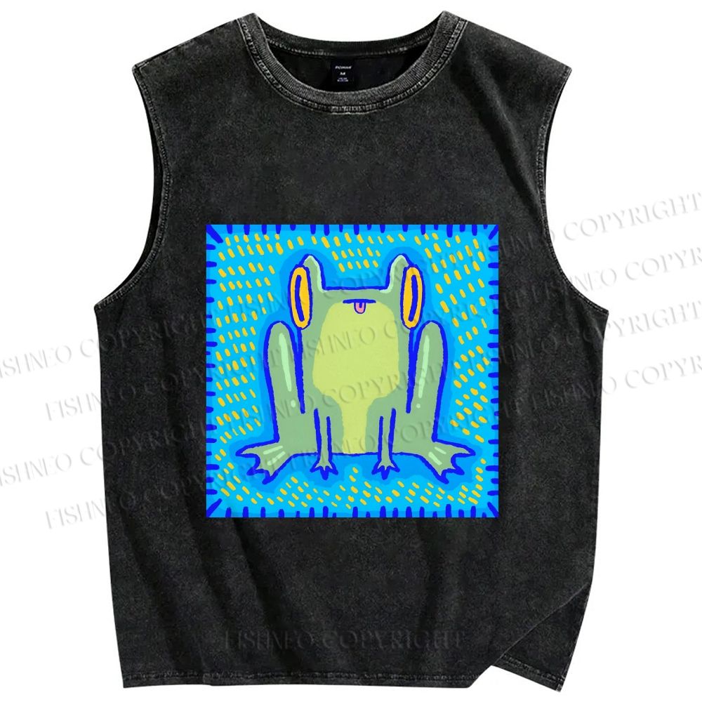 Unisex Frog in Pool Printed Washed Tank Top