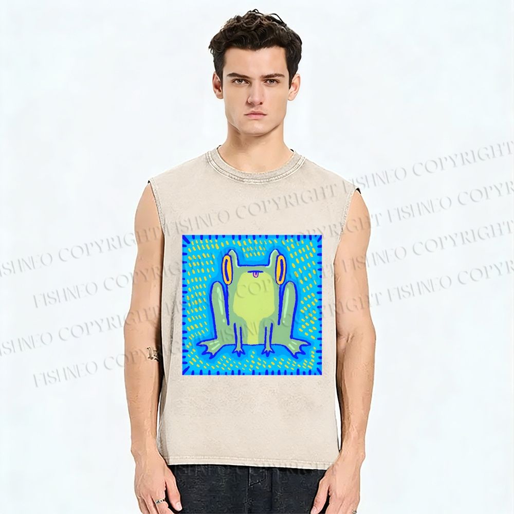 Unisex Frog in Pool Printed Washed Tank Top