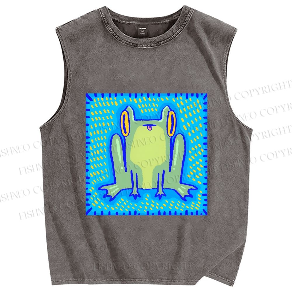Unisex Frog in Pool Printed Washed Tank Top