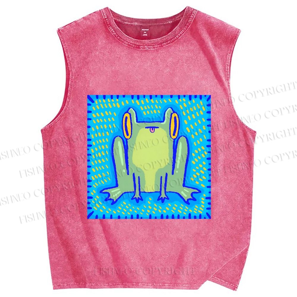 Unisex Frog in Pool Printed Washed Tank Top