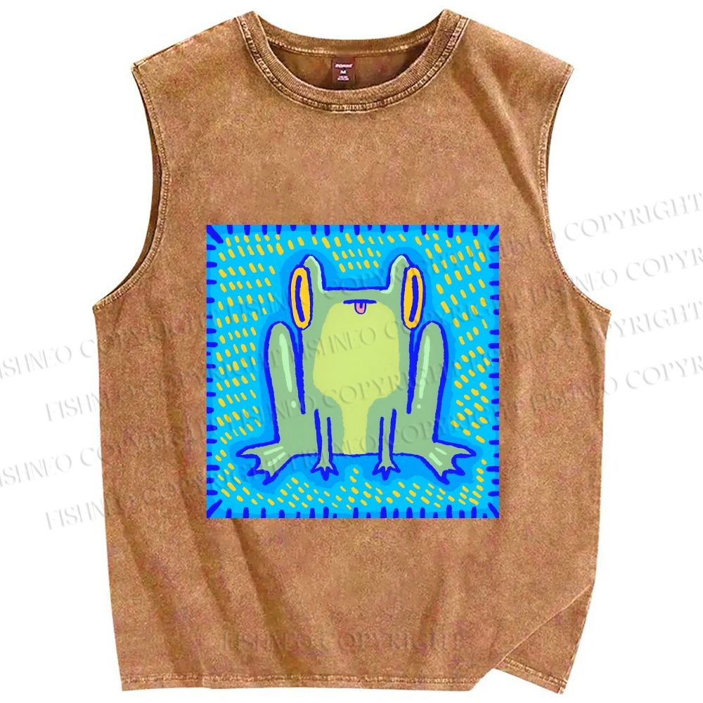 Unisex Frog in Pool Printed Washed Tank Top