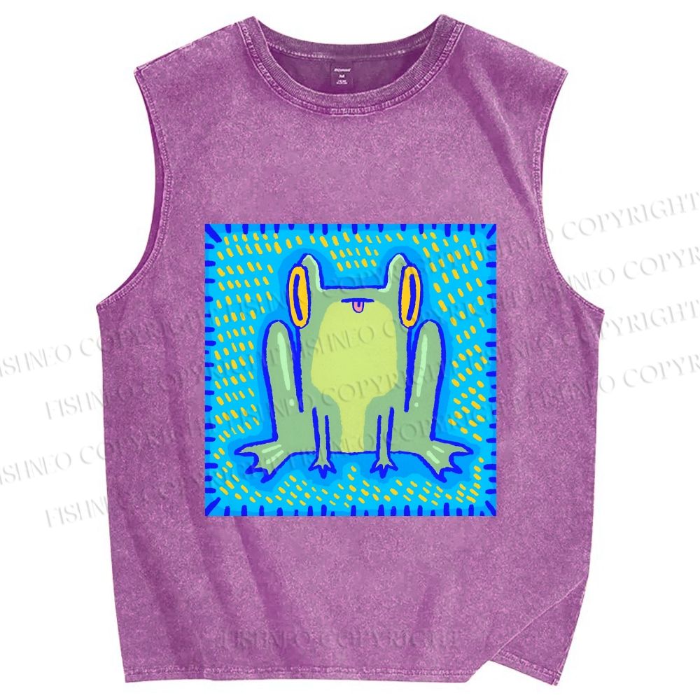 Unisex Frog in Pool Printed Washed Tank Top