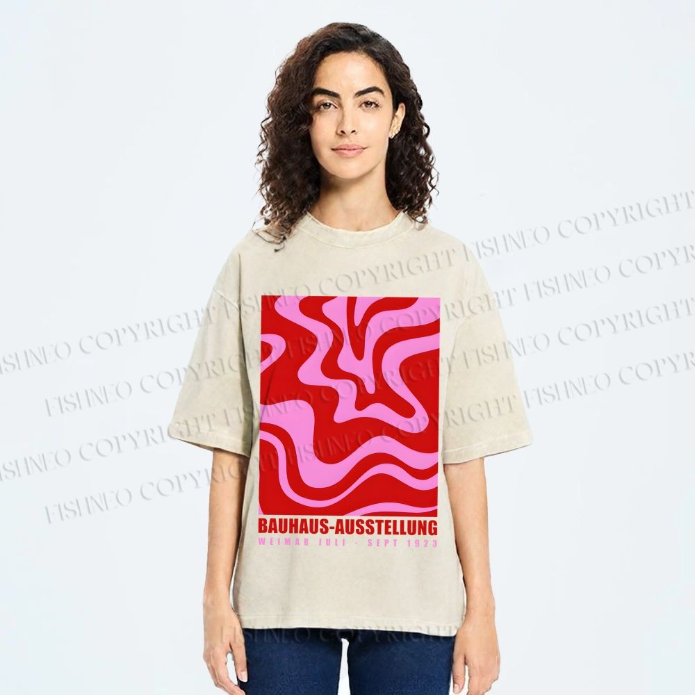 Unisex Pink Wave Bauhaus Printed Washed Tee