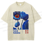 Unisex Yayoi Kusama Blue Flowers Printed Washed Tee