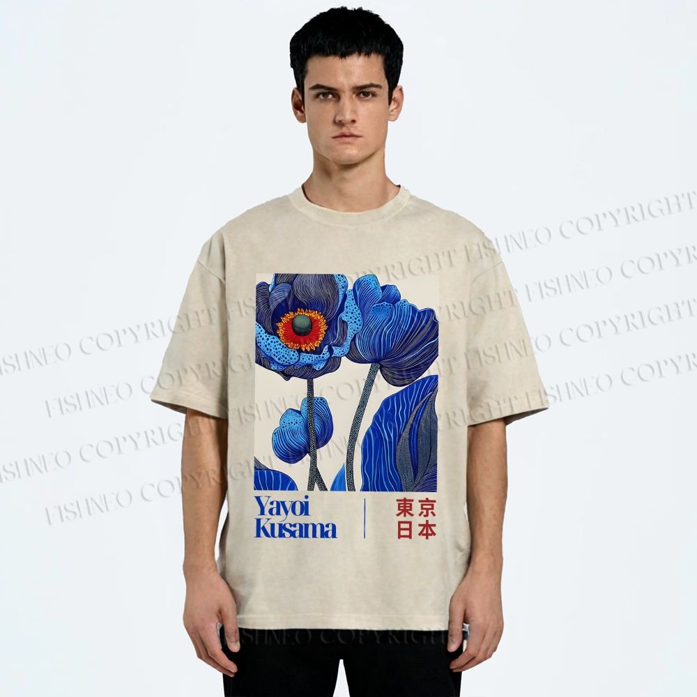 Unisex Yayoi Kusama Blue Flowers Printed Washed Tee