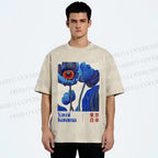 Unisex Yayoi Kusama Blue Flowers Printed Washed Tee
