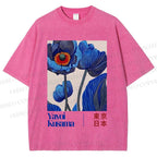 Unisex Yayoi Kusama Blue Flowers Printed Washed Tee