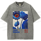 Unisex Yayoi Kusama Blue Flowers Printed Washed Tee