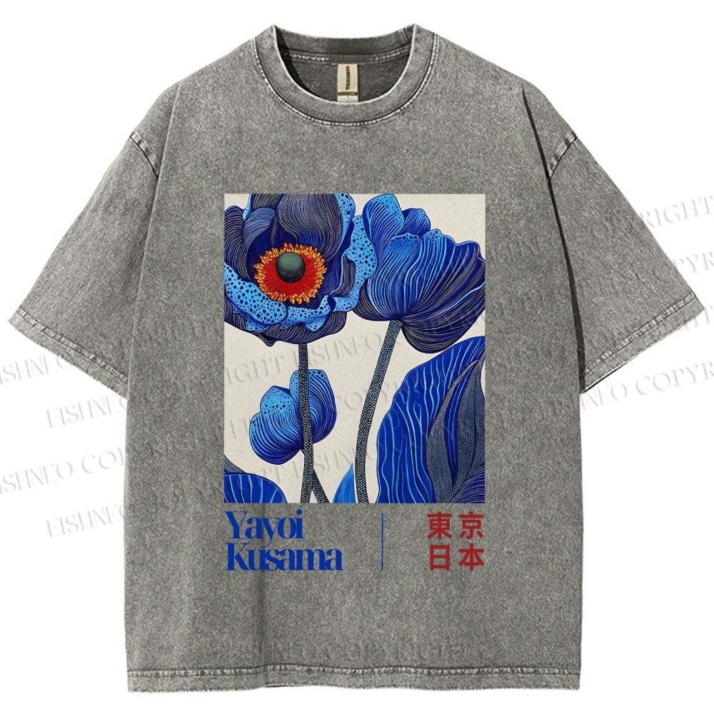 Unisex Yayoi Kusama Blue Flowers Printed Washed Tee