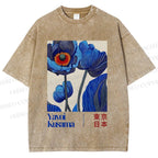 Unisex Yayoi Kusama Blue Flowers Printed Washed Tee