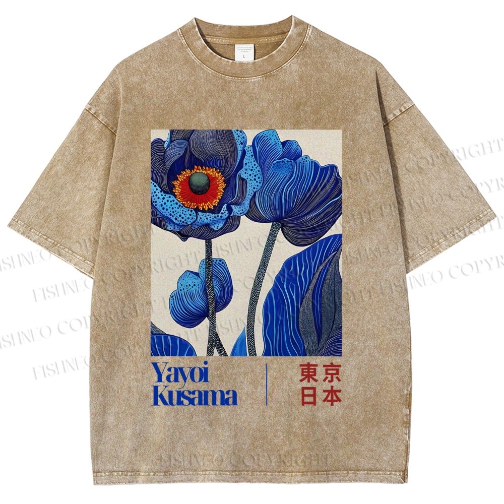 Unisex Yayoi Kusama Blue Flowers Printed Washed Tee