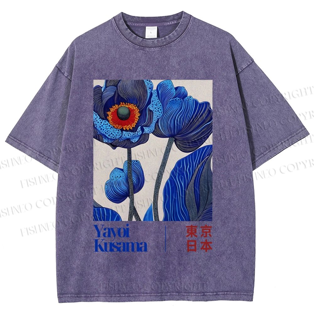 Unisex Yayoi Kusama Blue Flowers Printed Washed Tee