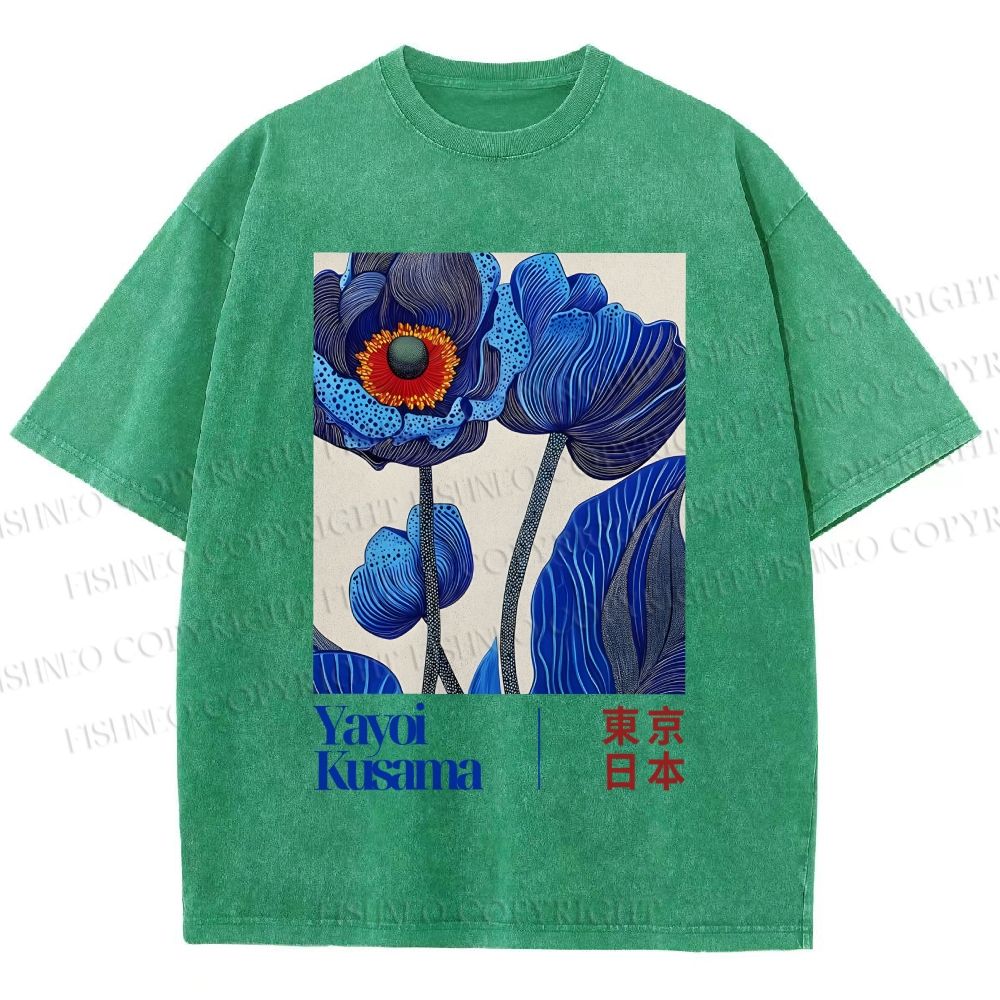 Unisex Yayoi Kusama Blue Flowers Printed Washed Tee