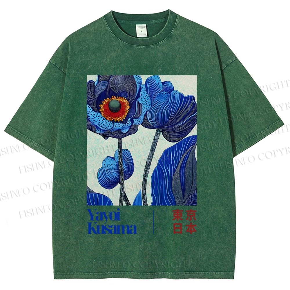 Unisex Yayoi Kusama Blue Flowers Printed Washed Tee