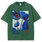 Unisex Yayoi Kusama Blue Flowers Printed Washed Tee