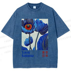 Unisex Yayoi Kusama Blue Flowers Printed Washed Tee