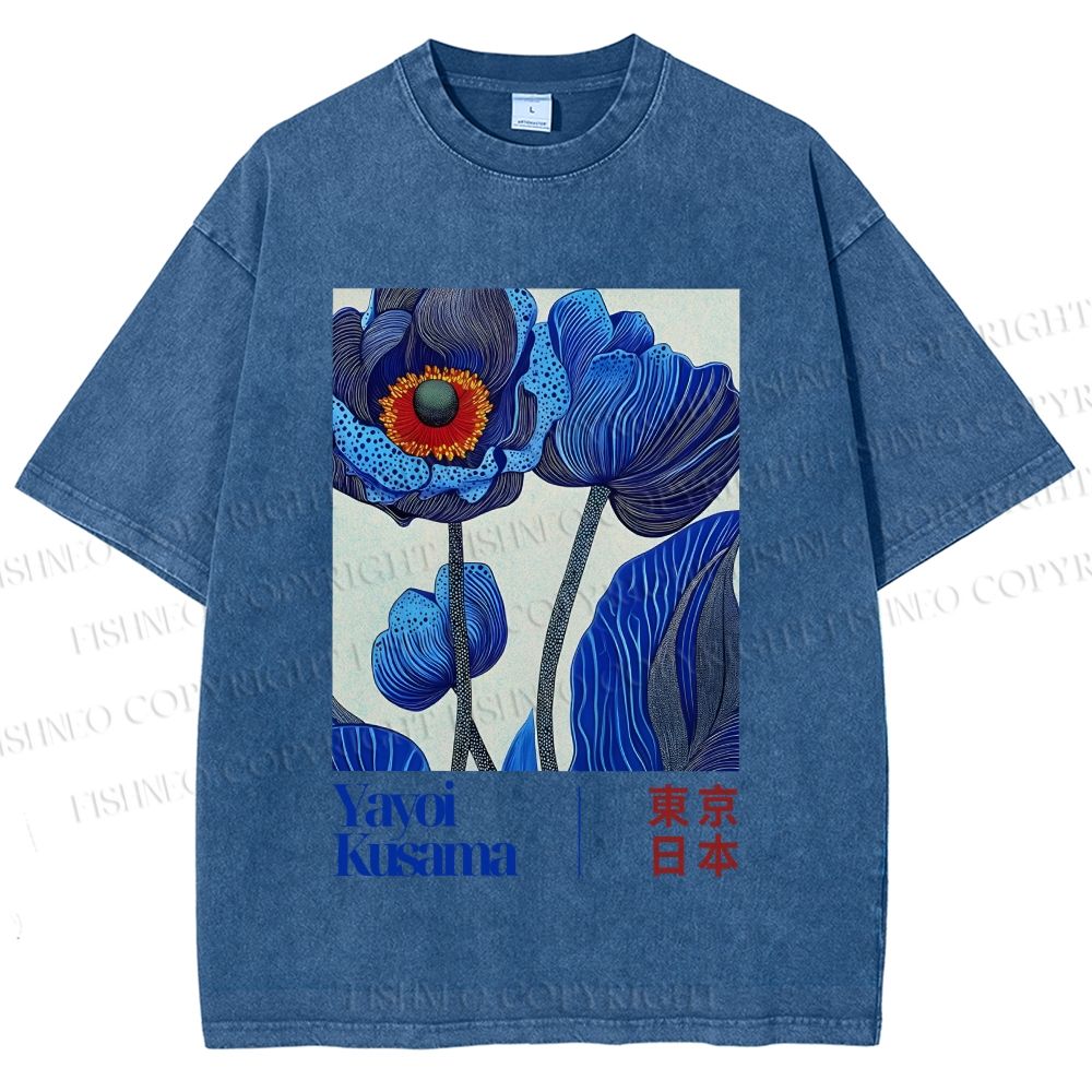 Unisex Yayoi Kusama Blue Flowers Printed Washed Tee