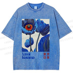 Unisex Yayoi Kusama Blue Flowers Printed Washed Tee