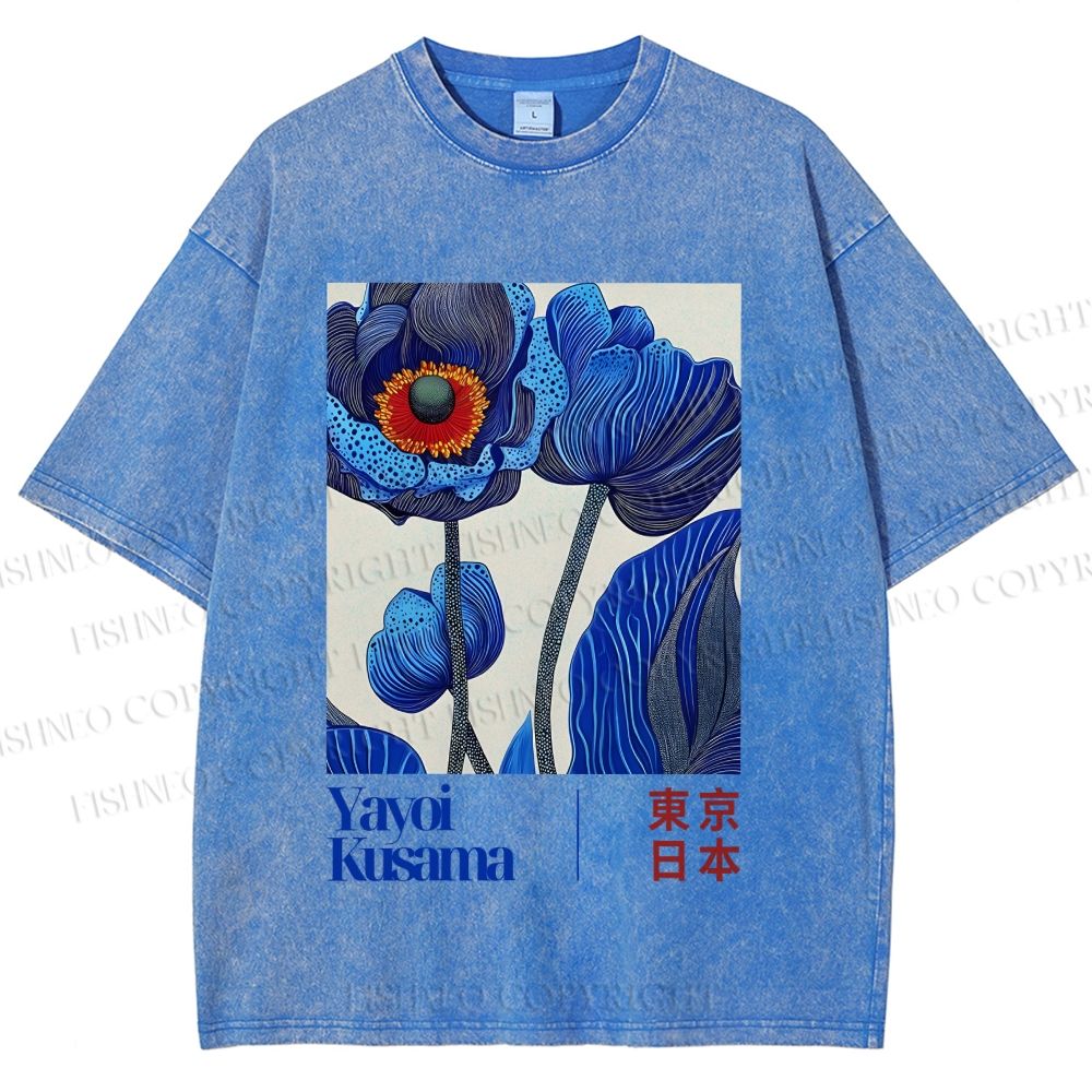 Unisex Yayoi Kusama Blue Flowers Printed Washed Tee