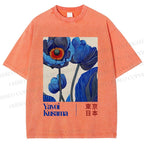 Unisex Yayoi Kusama Blue Flowers Printed Washed Tee